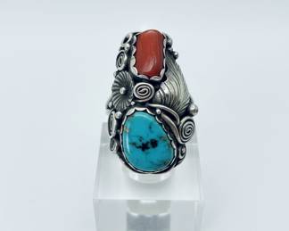 Sterling Silver Turquoise and Coral Ring