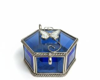 Vintage Blue Glass Hexagonal Jewelry Box with Butterfly Accent