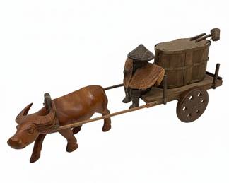 Vintage Hand-Carved Wooden Water Buffalo and Cart Figurine - Southeast Asian