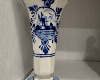 Delft Blue Ceramic Vase with Windmill Scene