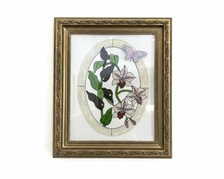 Framed Stained Glass Style Orchid and Butterfly Art