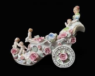Occupied Japan Porcelain Figurine - Lady in Carriage with Cherubs and Roses