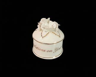 White Porcelain Trinket Box with Floral Lid and "Congratulations on Your" Inscription