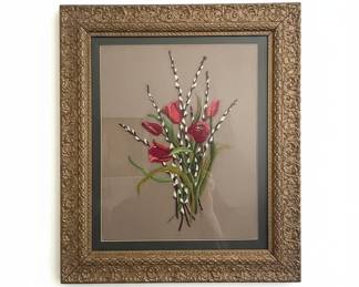 Framed Floral Embroidery Art - Tulips and Pussy Willow