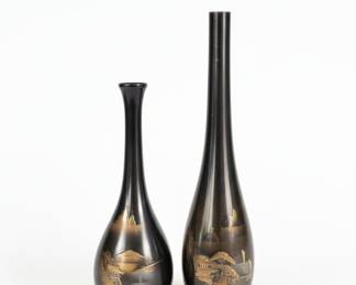 Pair of Japanese Bronze Vases with Landscape Motif, possibly Chokinware