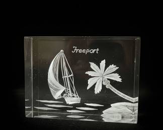 Freeport Etched Glass Block Souvenir with Sailboat and Palm Tree