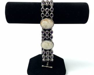 Sterling Silver Cameo and Amethyst Link Bracelet