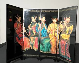 Vintage Four-Panel Chinese Decorative Screen with Courtesans Playing Music