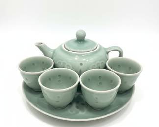 Celadon Tea Set with Four Cups, Saucer, and Teapot