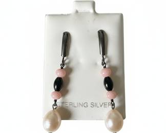 Sterling Silver Dangle Earrings with Pearls and Onyx Beads