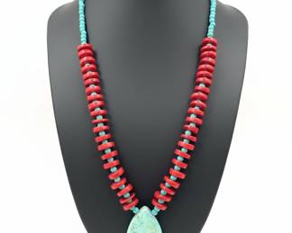 Turquoise and Red Coral Teardrop Pendant Necklace