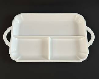 White Milk Glass Divided Relish Tray with Handles