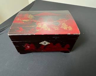 Vintage Japanese Lacquer Music Box with Geisha and Landscape Motif