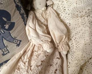 Vintage Handmade Fabric Doll with Lace Dress