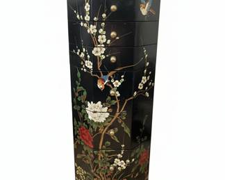 Vintage Octagonal Black Lacquer Jewelry Cabinet with Floral and Bird Motif