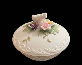Lefton China KW3781 Porcelain Trinket Box with Floral Appliqués