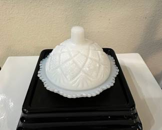 Westmoreland "Old Quilt" Pattern Milk Glass Covered Butter Dish
