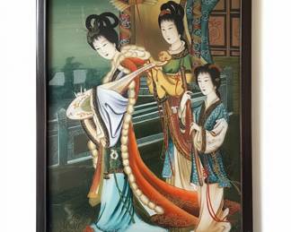 Pair Chinese Reverse Glass Paintings of Ladies