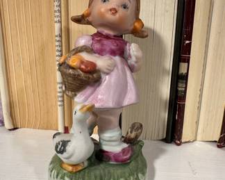 Vintage Ceramic Dog Figurines (Terrier and French Bulldog) and Girl with Goose Figurine