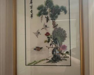 Framed Chinese Silk Embroidery of Cranes and Pine Tree