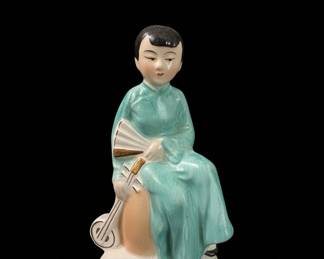 Vintage Porcelain Figurine of a Woman with Fan and Lute - Occupied Japan