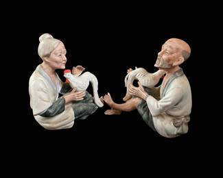 Vintage Porcelain Elderly Couple with Chickens Figurines