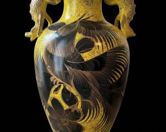 Vintage Yellow and Black Dragon Handled Ceramic Vase - Made in Mexico