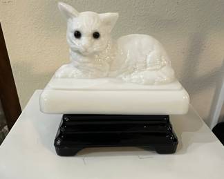 Set of Three White Milk Glass Vases and a Westmoreland Milk Glass Cat Figurine