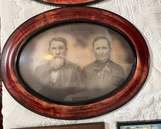 Antique Tiger Wood Oval Frame with Convex Bubble Glass and Portrait