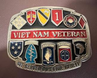 Vietnam Veteran Belt Buckle with Unit Insignias - 5th Special Forces Group, 4th Infantry Division, 1st Cavalry Division