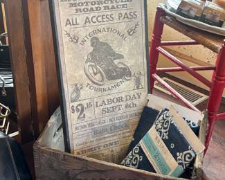 Antique beer crate, motorcycle wall hanging 