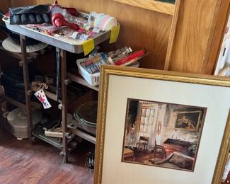 1 of 4 matching framed art, plant stand, kitchen items