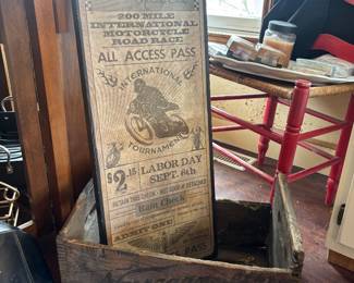 Antique beer box, motorcycle wall hanging
