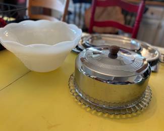 Mid century chrome cake plate, milk glass bowl