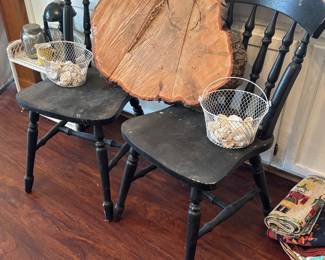 Antique chairs, live edge wood