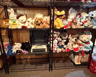 Wire adjustable shelving, stuffed animals, typewriter