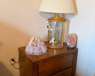 Oak nightstand, lamp