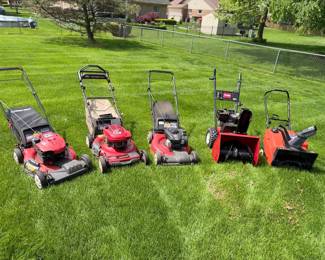 Three lawn mowers and two snowblowers 