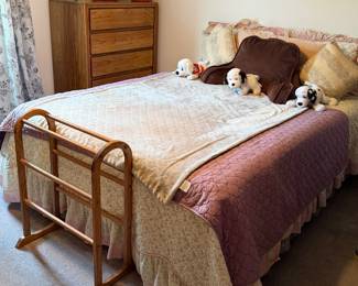 Oak dresser, queen bed, blanket rack