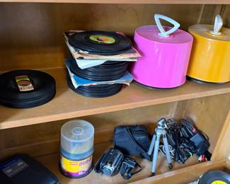 45 rpm records, camera wires and accessories 