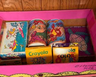 Vintage crayons, containers, coloring 