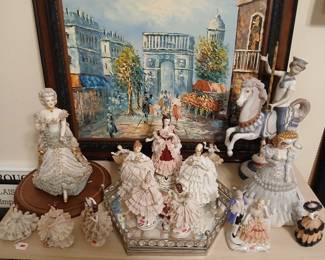 Dresden & similar porcelain figurines & vintage painting