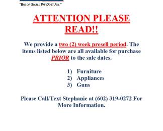 PRESELL NOTICE furniture appliance guns