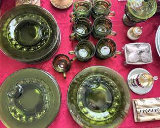 Vintage Indiana Glass Avocado Kings Crown Thumbprint luncheon sets 