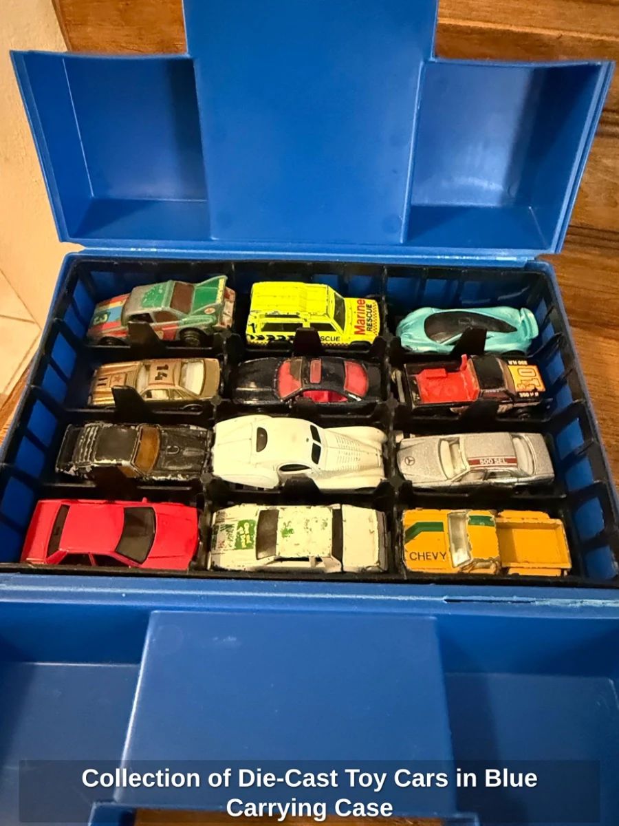 Collection of DieCast Toy Cars in Blue Carrying Case