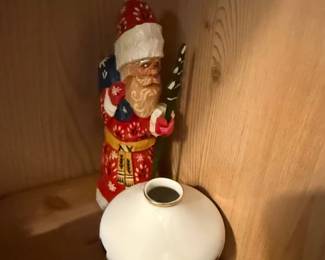 HandCarved Wooden Santa Claus Figurine with Christmas Tree and White Ceramic Vase