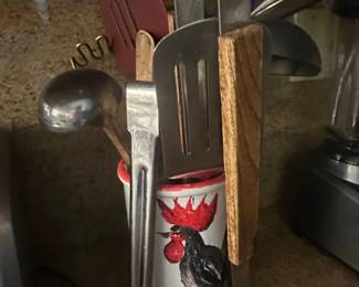 HandPainted Rooster Ceramic Utensil Holder with Assorted Utensils