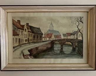 Watercolor Painting of Bruges Canal Scene by J. Van Santen