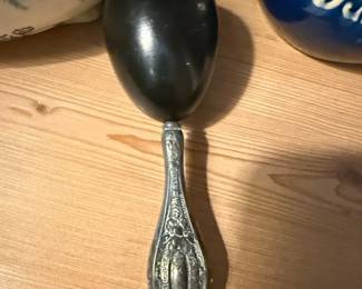 Antique Sterling Silver Serving Spoon with Black Handle  Possibly Blackinton Daisy Pattern