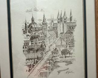 Pen and Ink Drawing of European Cityscape by H. Grobe